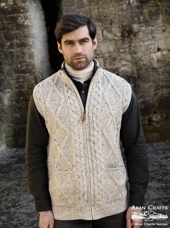 Full Zip Mens Sleeveless Aran Cardigan - Charcoal or Oatmeal