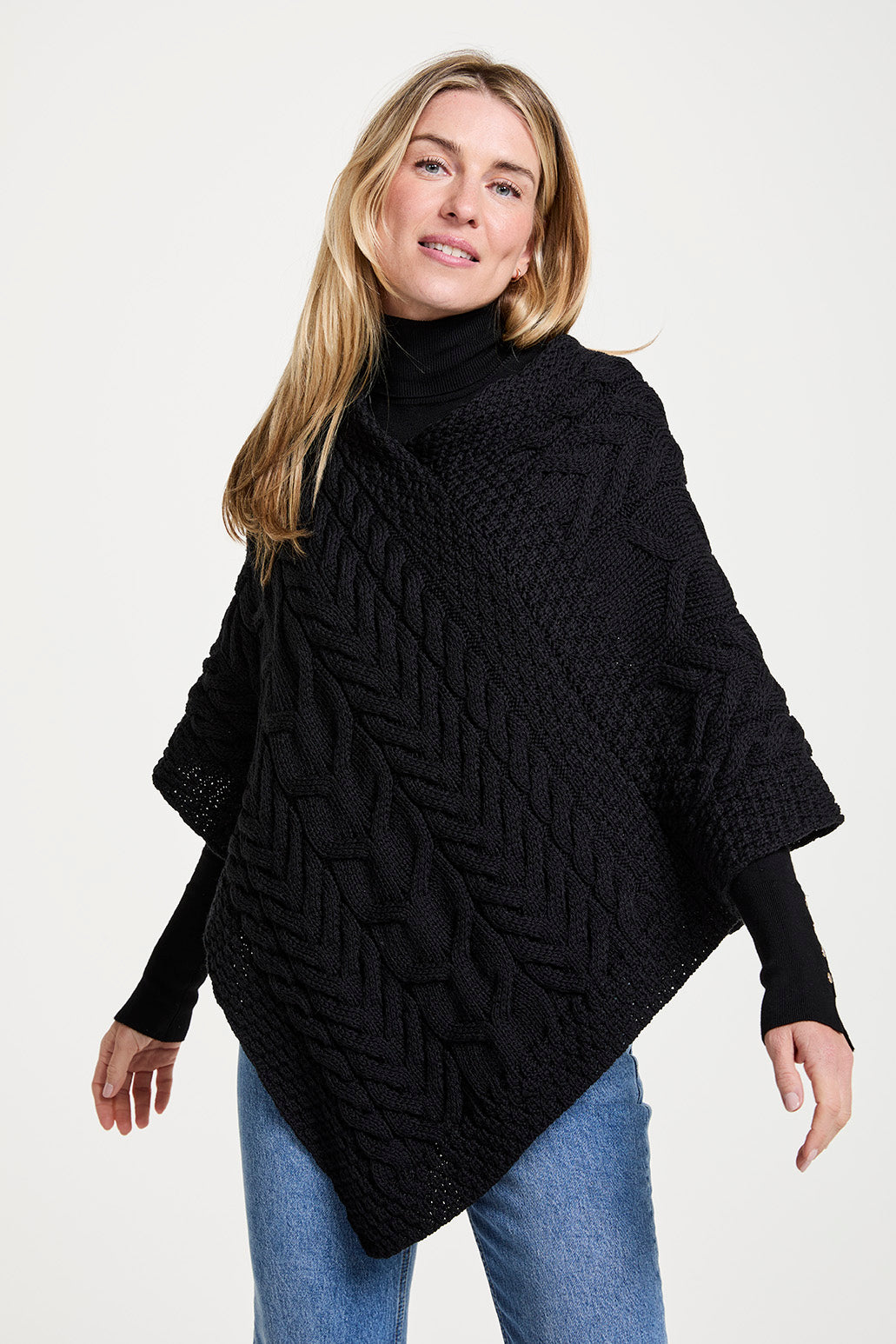 Aasleagh Falls Ladies Aran Poncho in Black on Model