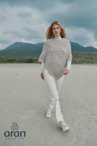 Aasleagh Falls Ladies Aran Poncho in Toast Oat colour on Model