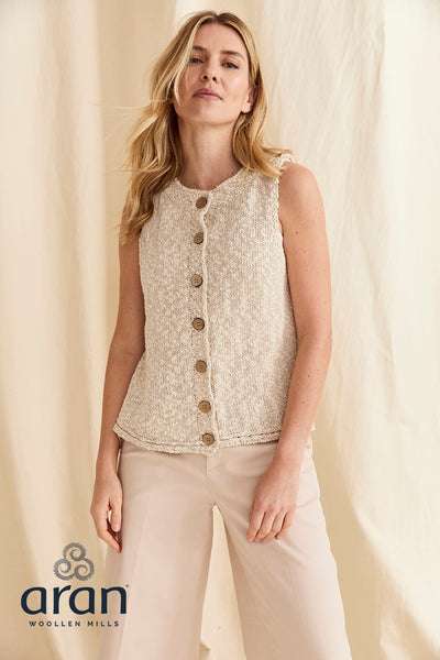 Model wearing Aran Woollen Mills Ainé Cotton-Linen Sleeveless Cardigan