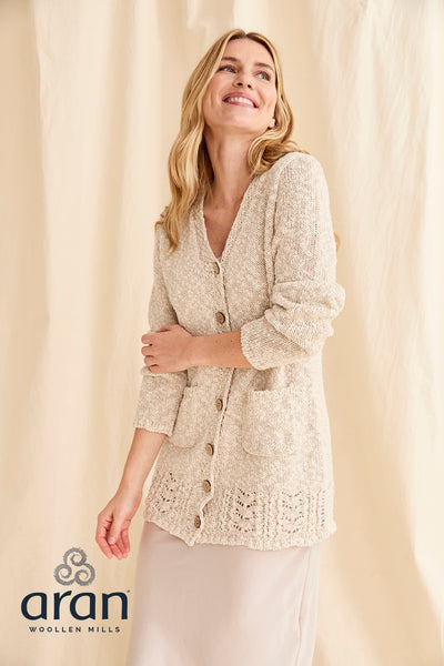 Model wearing Eriu Cotton-Linen Long Line Cardigan - Cream.