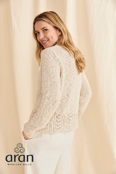 Model wearing Aran Woollen Mills Arawn Cottlon Linen Crew Neck Sweater showing slight rear view