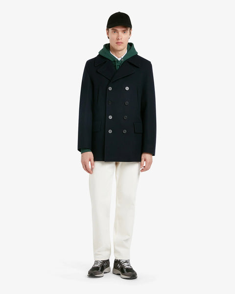 Men's Churchill Peacoat in Navy- 100% Melton Wool regular fit peacoat with pockets, on model on white background