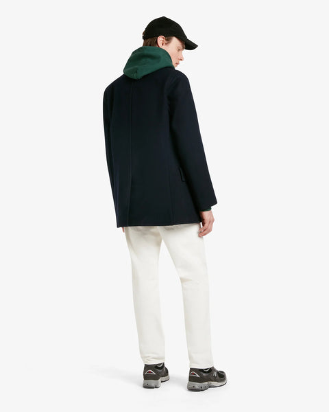 Men's Churchill Peacoat in Navy- 100% Melton Wool regular fit peacoat with pockets, back view on model on white background
