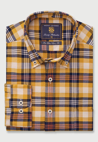 Regular Fit Gold, Navy and Ginger Check Washed Cotton Oxford Shirt