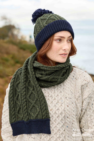 Two Tone Diamond Mittens in Army Green/Navy - 100& Merino Wool Mittens, on model