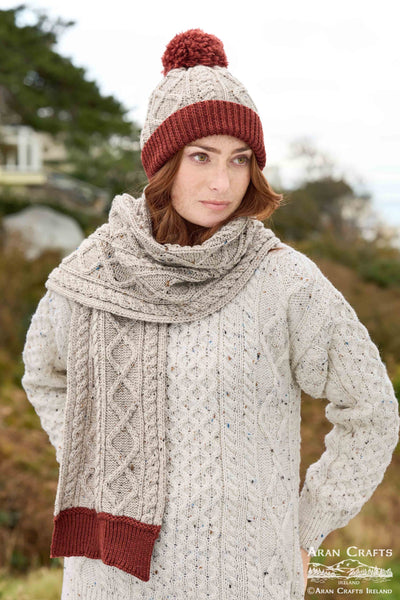 Two Tone Diamond Mittens in Oatmeal/Sienna - 100% Merino Wool mittens and matching hat and scarf, on model