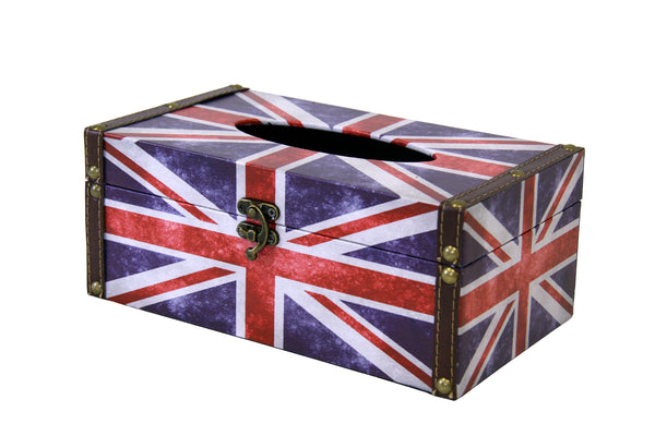 British Flag Tissue Box - Union Jack themed tissue box holder with clasp, on white background