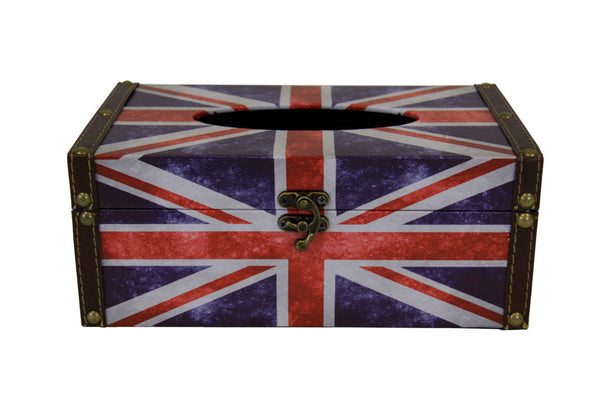 British Flag Tissue Box - Union Jack themed tissue box holder with clasp, front view on white background