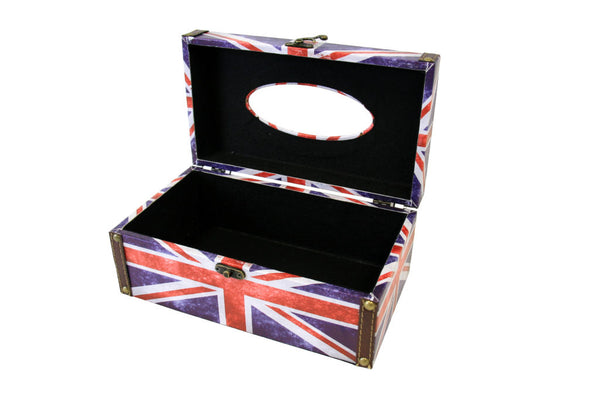 British Flag Tissue Box - Union Jack themed tissue box holder with clasp, on white background with top open to view inside