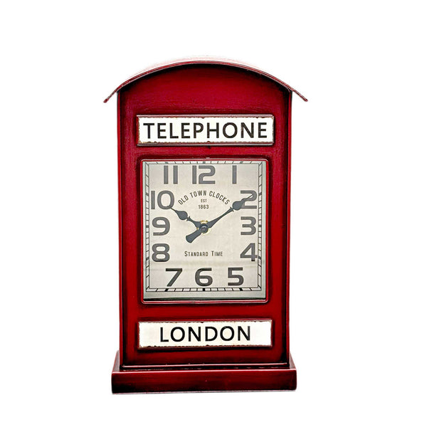 London Telephone Table Clock - Metal Table Clock in Red, inspired by London Telephone boxes, on white background