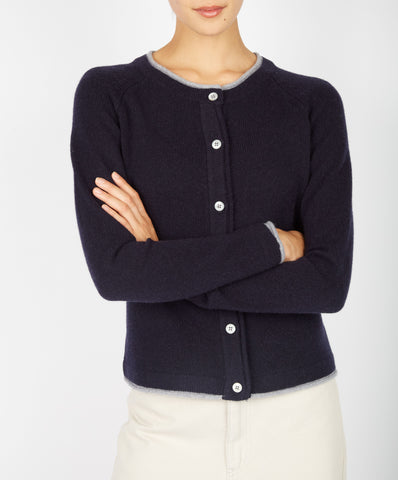 Killiney Fine Wool Cashmere Cardigan in Navy with Grey Trim