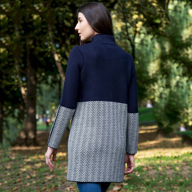 Ladies Herringbone Wool Coat Navy and White