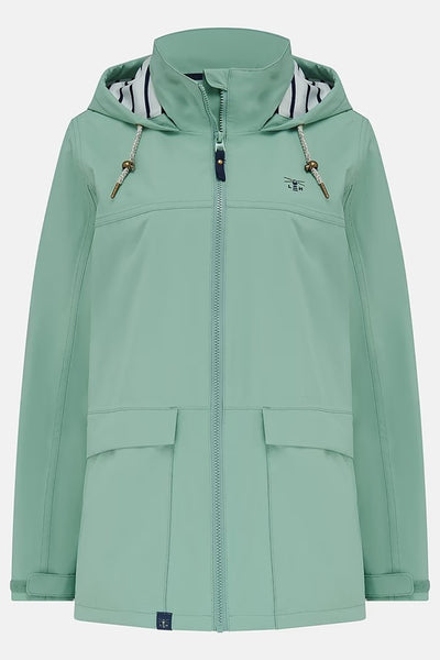 Lighthouse Beachcomber Jacket in Basil- Waterproof and Breathable Polyester Rain Coat with striped lined hood and pockets, on white background