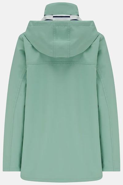 Lighthouse Beachcomber Jacket in Basil- Waterproof and Breathable Polyester Rain Coat with striped lined hood and pockets, back view on white background