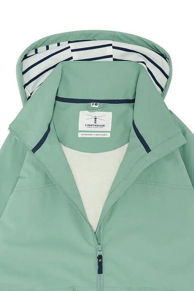 Lighthouse Beachcomber Jacket in Basil- Waterproof and Breathable Polyester Rain Coat with striped lined hood and pockets, focus on hood and lining details, on white background