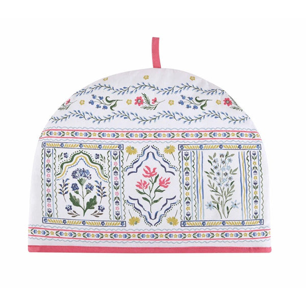 Decorative tea cozy with floral and geometric patterns on a white background