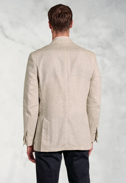 Man wearing Tailored Fit Eastwood Sand Pure Linen Sport Coat in rear view.