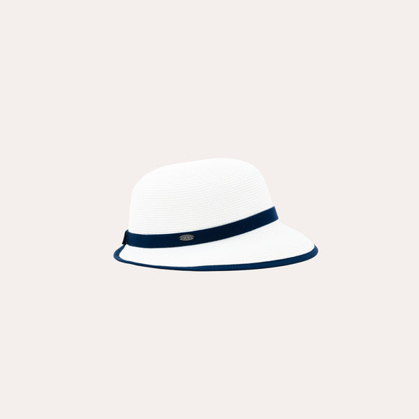 Annie Cloche hat in white with blue trim