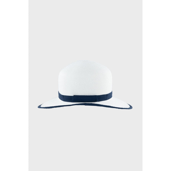 Annie Cloche hat rear view shown in white with blue trim
