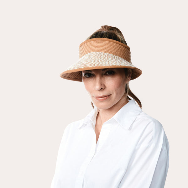 Women wearing Large Violet Visor in Camel Colour.