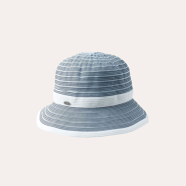 Clairine Ribbon Cloche Hat with Straw Band in Navy White colouring