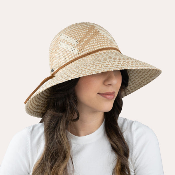 Cordelia Raffia Hat in Caramel Colour worn by woman model.