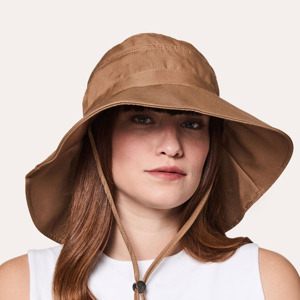 Ladies Colete Fabric Cloche with Long Brim at Back worn by woman model