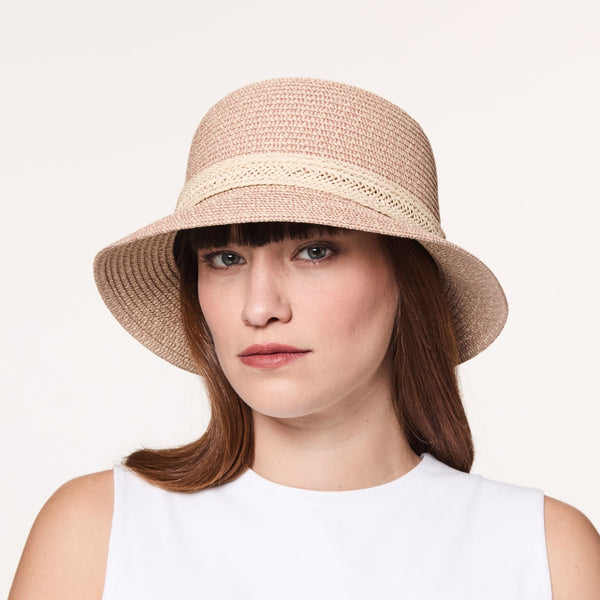 Lady wearing the Cecilia Short Cloche Ladies Hat that is in the pink mix colour