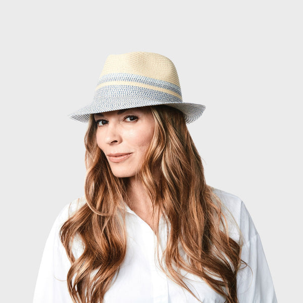 Fulvio Unisex Hat in Blue Mix worn on Female Model