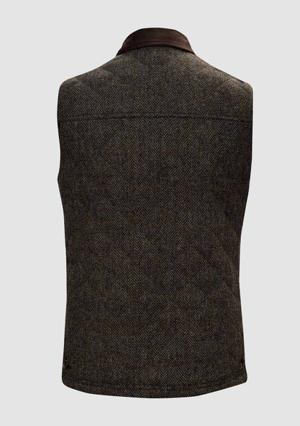 Rear view of the brown Harris Tweed vest with brown trim on a white background 
