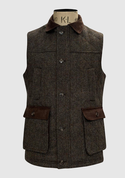 Brown Harris Tweed vest with brown trim on a white background