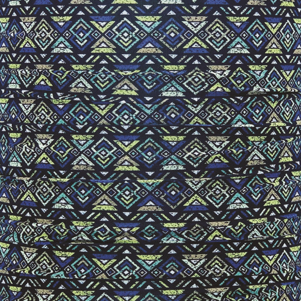Geometric pattern fabric with blue and green design on black background for inside fabric of the reversable tigerlily navy hat made by Watuko Headwear (CAP 3 (194))