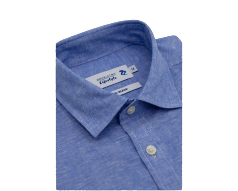 Mid Blue Linen Blend Short Sleeve Shirt