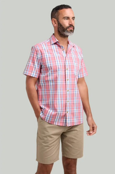 DTLS1263 Red Classic Check Short Sleeve Shirt Full View on Model
