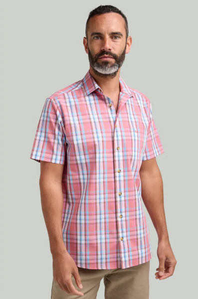 DTLS1263 Red Classic Check Short Sleeve Shirt Front View on Model