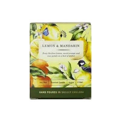 Front of box holding Lemon and Mandarin Candle with pretty floral designs that include a bird and butterfly