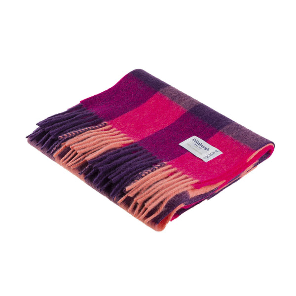 Lambswool Scarf in Orange Pink Check, lying flat