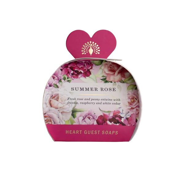 Pack of 'Summer Rose' heart-shaped guest soaps with pink floral design packaging.