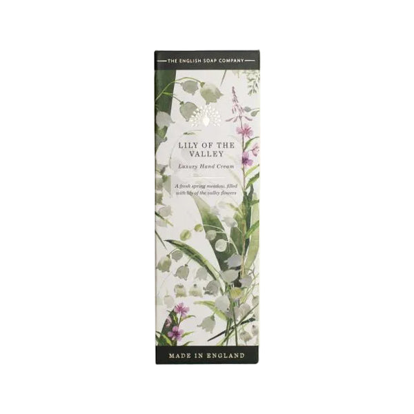 Hand cream packaging with floral design on a white background for Lily of the Valley Scent in the Heritage Packaging