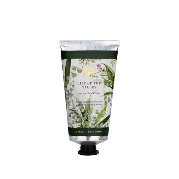 Hand cream tube labeled 'Lily of the Valley' on a white background with the English Soap Company Heritage theme