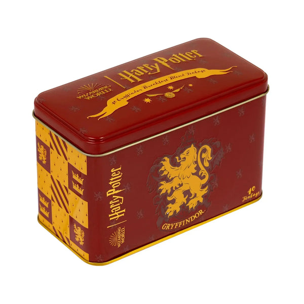 Red tin box with teas inside, which has a Gryffindor logo and Harry Potter branding on the box