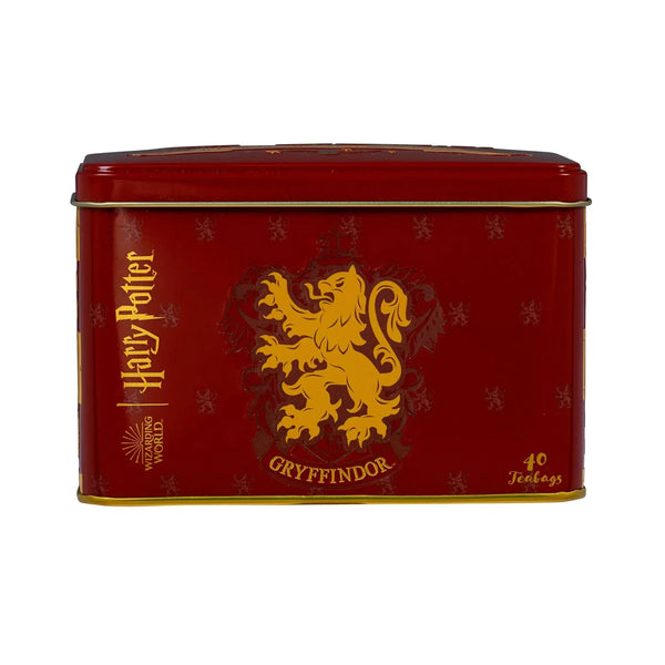 Red tin box with teas inside, which has a Gryffindor logo and Harry Potter branding on the box