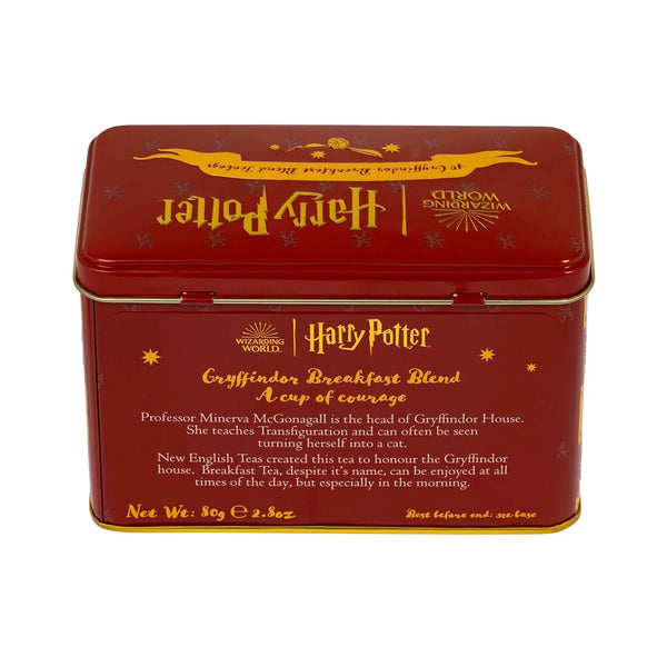 Red tin box with teas inside, which has a Harry Potter branding on the box and information about the tea on the backside.