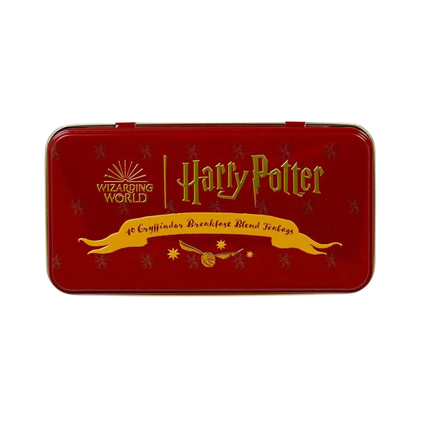 Top view of a red tin box with teas inside, which has Harry Potter branding on the box