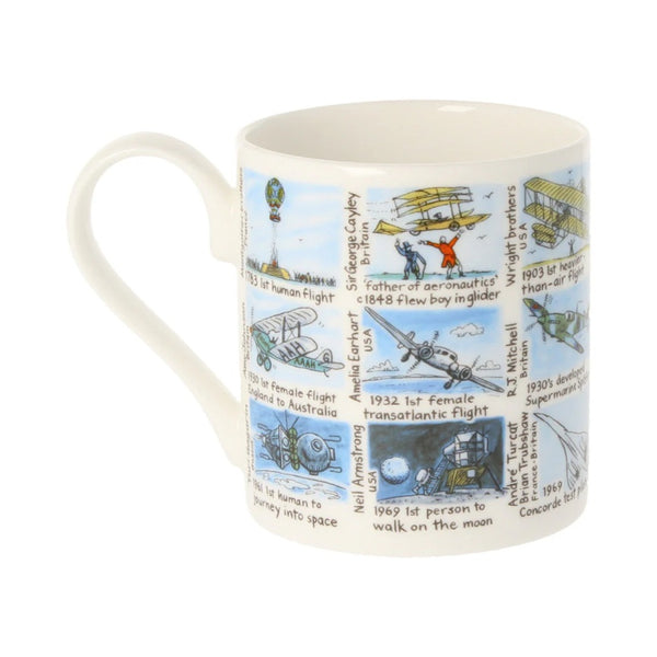 Mug with aviation-themed illustrations and text on a white background