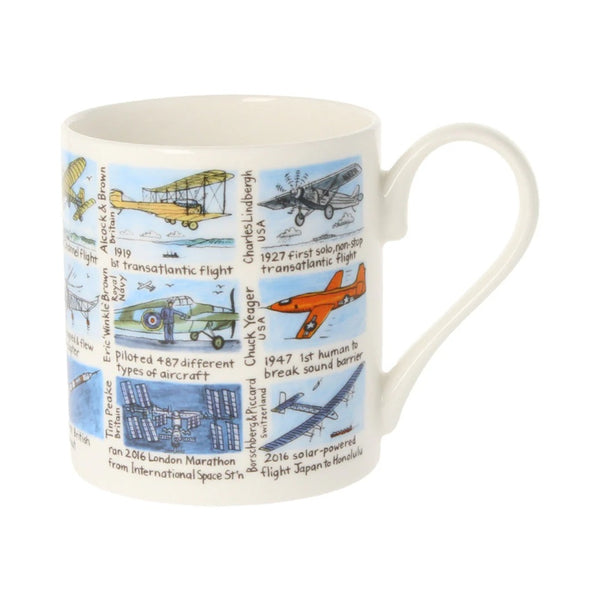 Mug with aviation-themed illustrations and text on a white background