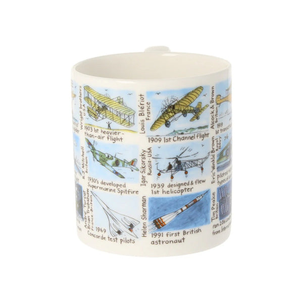 Mug with aviation-themed illustrations and text on a white background