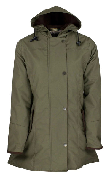 Oxford Blue Ladies Hooded Katrina Discovery Coat in Classic Olive- 100% cotton with paisley jacquard lining and pockets, on white background