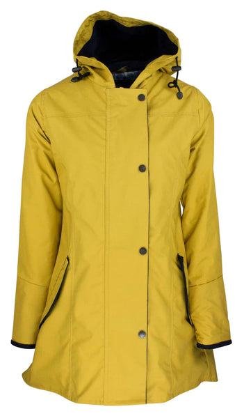 Oxford Blue Ladies Hooded Katrina Discovery Coat in Mustard- 100% cotton with paisley jacquard lining and pockets, on white background